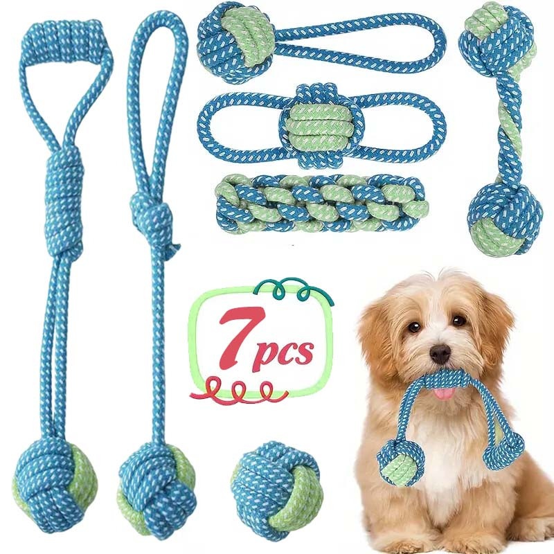 Dog Rope Toy Aggressive Chewers - 7-teiliges interaktives Knotenspielzeug-Set, langlebiges Trainingsset, Kauspielzeug